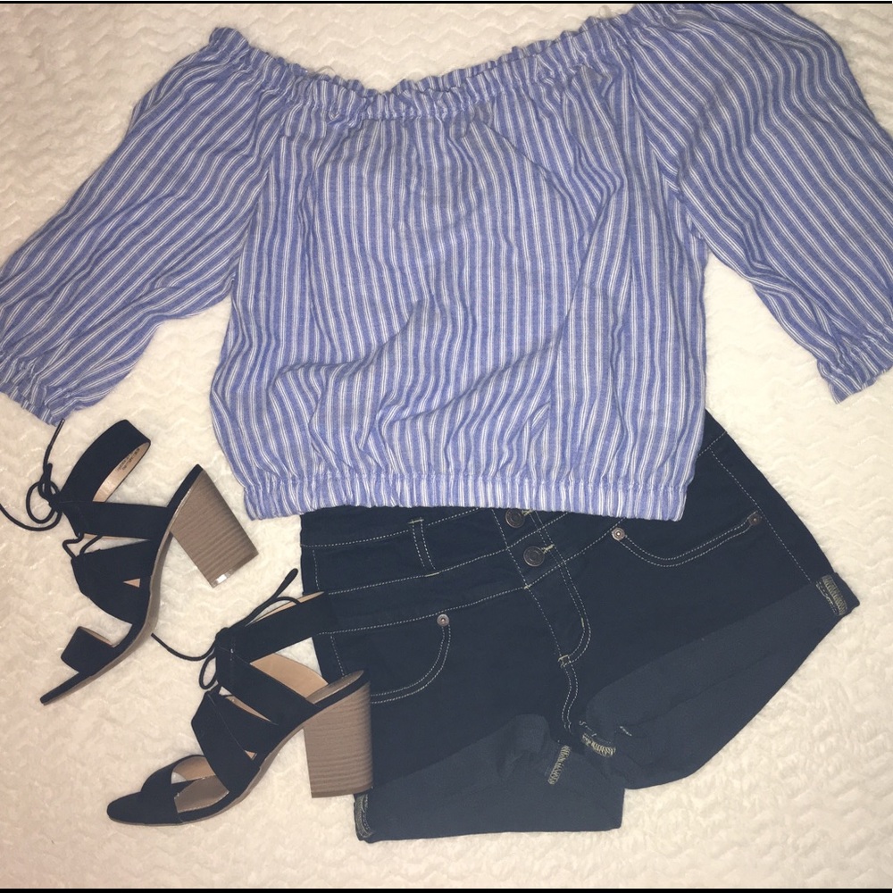 Blue/White Off the Shoulder Crop Top